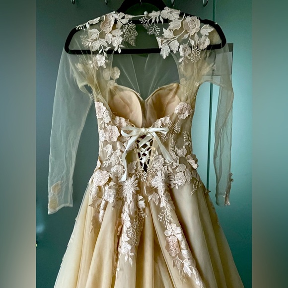 Cream A-Line Gown with Illusion Sleeves and Floral Appliqué - Picture 3 of 4